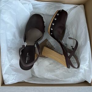 Michael Kors Dark Brown Leather Mules with Wooden Heel